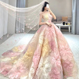 Spring New Simple Stamped Wedding Dress Strapless Colorful Flower Bridal Dress Sweep Tail Party Prom Dress Vestido De Noiva