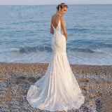 Simple Sleeveless Beach Wedding Dress For Bride 2023 Spaghetti Straps V-Neck Bridal Gown Floral Lace Appliques Backless