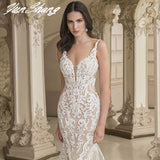 Deep V-Neck Wedding Dresses Lace Appliques Sleeveless Sexy Mermaid Bride Gown Backless Zipper Train Vestidos De Noiva