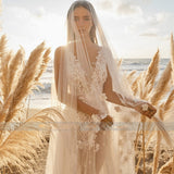 Bohemian Wedding Dresses Lace Applique Women's Sexy Deep V-Neck Sleeveless Bridal Gowns Thin Beach Party Princess Robe