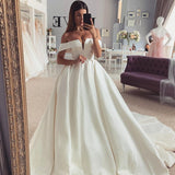 Simple A-Line Wedding Dresses Off The Shoulder Satin Sweep Train Bridal Gowns Boho Beach Evening Wedding Gowns Custom Size