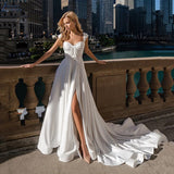Cap Sleeve Slit Wedding Dress For Bride Satin Sweep Train Simple Bridal Party Gown Robe De Mariée Elegant Custom Made