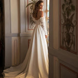 Mermaid Wedding Dresses Off Shoulder Long Sleeves V-Neck Pleated Side Slit Bridal Gowns Backless Satin Bride Dress