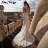 Flare Sleeves V-Neck Wedding Dress For Bride 2023 Sexy Lace Appliques Bride Gown Illusion Button Vestidos De Noiva