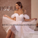Princess Short Wedding Dresses Flower Sweetheart Off The Shoulder Mini Short Tulle Fariy Bride Gowns Robe De Mariee Custom