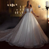 Glitter Lace Wedding Dresses Shiny Off Shoulder Long Sleeves Striped Bridal Gowns Sparkly Bride Party Sequins Sprayed Tul