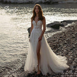 Wedding Dress Organza With Embroidery Lace Backless Slit A Line Bride Dress V-neck Sexy Sleeveless Gowns Vestido De Novia