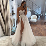 Wedding Dresses Women's Sweetheart A-line Lace Decal Tulle Side High Split Princess Bridal Gowns Sleeveless Robe Vestid 925