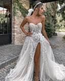 Bridal Dress Sexy Sweetheart Side High Slit Ladies Elegant Tulle Appliqué Seaside Wedding Party Backless Robe De Mariée