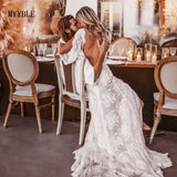Bohemian Wedding Dresses Lace V-Neck Elegant Wedding Gown Boho Beach Bridal Dress Long Sleeves Open Back Vestido Novia 925