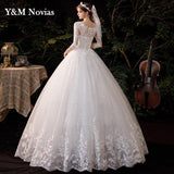 Sweetheart Three Quarter Elegant Wedding Dress With Sleeve Long Lace Embroidery Train Bridal Gown Plus Size Vestido De Noiva