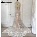 V Neck Lace Appliques Illusion Court Train Wedding Dress 2023 Boho Mermaid/Trumpet Bridal vestido branco sereia