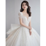 Short Sleeve Wedding Dress 2023 New Bridal Dress V Neck Beading Shinning Ball Gown Sweep Train Vestido De Noiva