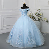 Novias New Fashion Blue Off Shoulder Quinceanera Dresses Sweet Party Prom Dress Luxury Lace 3D Flowers Ball Gown Vestidos