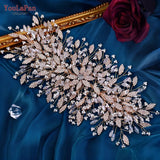 HP377 Golden Wedding Hair Accessories Alloy Leaves Bridal Tiara Crystal Side Hair Headpiece Floral Bride Crown Party