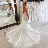 Spaghetti Straps Wedding Dresses V-Neck Mermaid Sleeveless Backless Bride Gown Lace Appliques Zipper Vestidos De Noiva