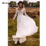 Chiffon V Neck Long Sleeve Bridal Dress Sweep Train Lace Open Back Bohemian Boho Beach Wedding Dress Wedding Gown