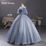 New Gray Blue Quinceanera Dresses Plus Size Ball Gowns With Sleeves Puffy Dresses For Prom Sweet 16 Dress Vestido De 15anos