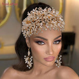 HP377 Golden Wedding Hair Accessories Alloy Leaves Bridal Tiara Crystal Side Hair Headpiece Floral Bride Crown Party