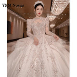 Beading Vintage Arabic Lace Wedding Dresses Long Train Appliqued Long Sleeves Ivory Bride Gowns 2023 New Muslim Princess