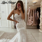 Spaghetti Straps Wedding Dress V-Neck Lace Appliques New Sexy Mermaid Bride Gown Backless Court Train Vestidos De Noiva