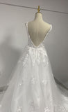 Line Backless Wedding Dresses V-neck Custom-made Court Train Appliques Sleeveless Robe De Mariée Engagement Plus Size