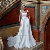 Square Collar A-Line Satin Wedding Dresses Short Sleeve Floor Length Princesse Bridal Gowns Custom Size
