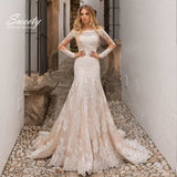 Mermaid Wedding Dresses Embroidered Lace On Net Bridal Gown Boat Neck Full Sleeve Back Button Appliques Vestido De Novia