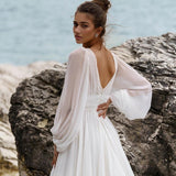 Elegant White A-Line Wedding Dresses Puff Sleeve V-Neck Bridal Gowns Boho Beach Lace High Split Wedding Prom Gowns Plus Size