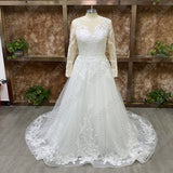 Elegant O-Neck Wedding Dresses Lace Up A-Line Appliques Long Sleeves Beach Bride Gowns robe de mariée bohème Plus Size
