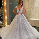 Shiny A-Line Wedding Dresses Women's 2023 Deep V-Neck Sleeveless Lace Princess Bridal Gowns Beach Formal Party Robe Customi