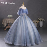 New Gray Blue Quinceanera Dresses Plus Size Ball Gowns With Sleeves Puffy Dresses For Prom Sweet 16 Dress Vestido De 15anos