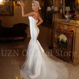 White Mermaid Wedding Dresses Strapless Pearls Satin Bridal Gowns Boho Beach Backless Evening Wedding Prom Gowns Custom Size