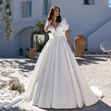 Satin Wedding Dresses With Pockets 2023 Short Sleeves Puff Backless Bridal Dress For Women Robe De Mariee Customize