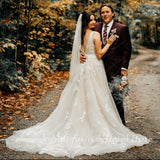 A line Wedding Dresses V-neck Custom-Made Court Train Appliques Sleeveless Bridal Gown Robe De Mariée