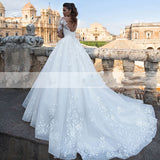Wedding Dress Embroidered Lace On Net With Ball Gown Train O-neck Nude Full Sleeve Bride Gowns Lace Up Robes De Mariée