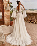 Long Sleeve Lace Wedding Dress 2023 A-Line Boho Chiffon V-Neck Bride Gown For Women Illlusion Backless Vestido De Novia