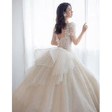 Short Sleeve Wedding Dress 2023 New Bridal Dress V Neck Beading Shinning Ball Gown Sweep Train Vestido De Noiva