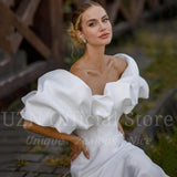 Elegant Ivory Mermaid Satin Wedding Dresses Off The Shoulder Puffy Straps Bridal Gowns With Detachable Train Wedding Gown