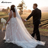 A line Wedding Dresses V-neck Custom-Made Court Train Appliques Sleeveless Bridal Gown Robe De Mariée