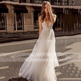 A-Line Tulle Boho Wedding Dress Sleeveless V Neck Backless Applique Bridal Dress 2023 Robe De Mariée Ladies Elegance