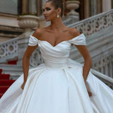 Sexy Off Shoulder Bridal Dresses Satin Lvory A-Line Pleated Simple Princess Wedding Gowns Vestidos De Novia Formal Party