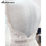 A Line Boho Wedding Dress Spaghetti Straps Lace Tulle V Neck Sleeveless Open Back Vestidos de Fiesta