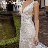 V-Neck Wedding Dress Lace Appliques Backless Sexy Mermaid Bride Gown Tulle Zipper Button Court Train Vestidos De Noiva