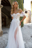 Off The Shoulder Beach Wedding Dress 2023 Brides Modern Tulle Sweetheart Pleated Sleeves Boho Bridal Gown Illusion Summer