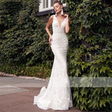 V-Neck Mermaid Wedding Dress Detachable Train 2023 Boho Lace Appliques Bridal Gown For Bride Backless Robe De Mariée