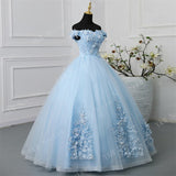 Novias New Fashion Blue Off Shoulder Quinceanera Dresses Sweet Party Prom Dress Luxury Lace 3D Flowers Ball Gown Vestidos