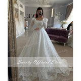Wedding Gowns With Beading Princess A-line Ball Gown Square Collar Full Sleeve Bride Dress Prom Dresses Robe De Marie