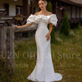 Elegant Ivory Mermaid Satin Wedding Dresses Off The Shoulder Puffy Straps Bridal Gowns With Detachable Train Wedding Gown