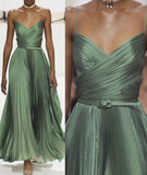 Modest A line Spaghetti Straps Green Prom Dresses Formal Summer Spring Wedding Guest Dresses Wedding Guest Outfit HZ1214